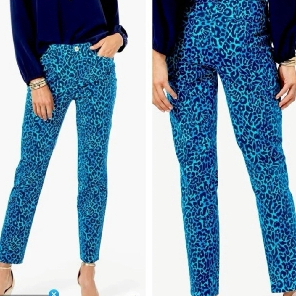 NWT Lilly Pulitzer Kelly Stretch Pant Oyster Bay Navy Leopard Print Size 8